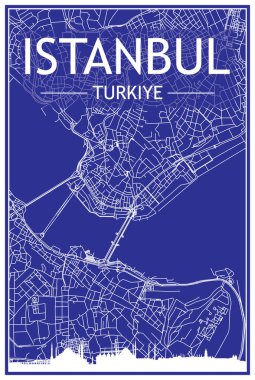 İSTANBUL, TURKIYE-TURKEY 'nin mavi arka planında panoramik silueti ve elle çizilmiş sokak ağıyla teknik şehir afişi.
