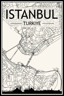Şehir merkezindeki ISTANBUL, TURKIYE-TURKEY 'nin klasik bej arka planında panoramik silueti ve elle çizilmiş sokak ağına sahip hafif çıktılı şehir posteri
