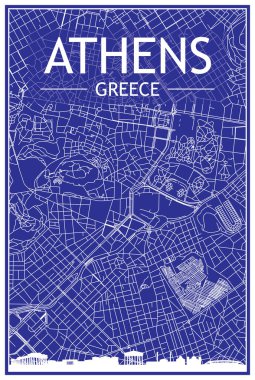ATHENS, GREECE şehir merkezinin mavi arka planında panoramik siluet ve elle çizilmiş sokak şebekesi olan şehir posterinin teknik çıktısı.