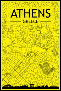 ATHENS, GREECE şehir merkezinin sarı ve siyah arka planında panoramik silueti ve elle çizilmiş sokak ağıyla altın baskılı şehir posteri