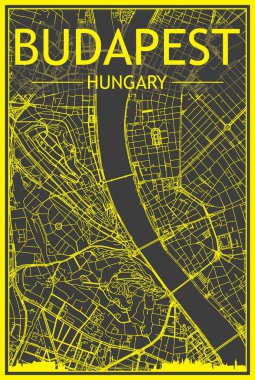 Sarı renkli şehir afişi panoramik silueti ve el çizimi sokak ağıyla şehir merkezindeki BUDAPEST, HUNGARY 'ın koyu gri arka planında