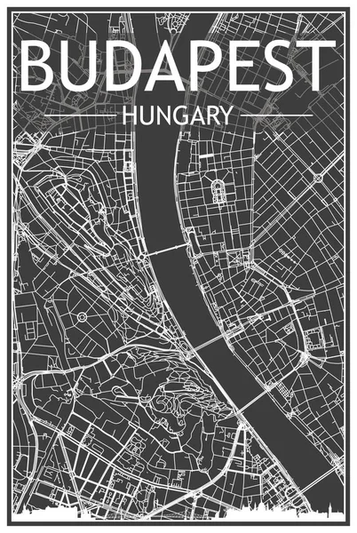 Sötét Kinyomtatott Városi Plakát Panorámás Városképpel Kézzel Rajzolt Utcahálózattal Belváros — Stock Vector