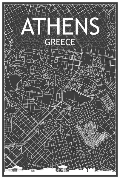 市街地の暗い灰色の背景にパノラマのスカイラインと手描きの通りのネットワークを持つ暗い印刷都市のポスターAtens ギリシャ — ストックベクタ