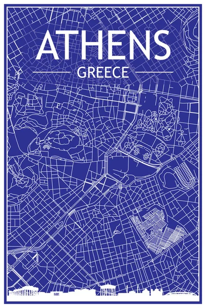 ダウンタウンの青い背景にパノラマのスカイラインと手描きの通りのネットワークを持つ技術的な図面印刷都市ポスターAtens ギリシャ — ストックベクタ