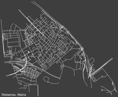 Alman bölgesel başkenti Mainz, Almanya 'nın WEISENAU DISTRICT' in şehir caddeleri haritası üzerinde koyu gri arka plan üzerine ayrıntılı olumsuz navigasyon