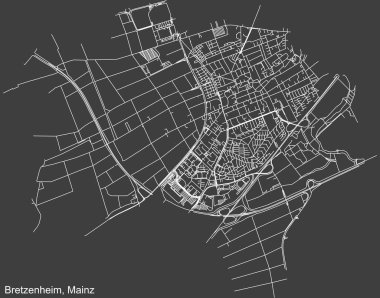 Alman bölgesel başkenti Mainz, Almanya 'nın BRETZENHEIM DISTRICT' in şehir caddeleri haritasının ayrıntılı olumsuz seyrüsefer beyaz çizgileri koyu gri arka planda
