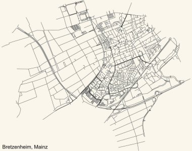 Alman bölgesel başkenti Mainz, Almanya 'nın BRETZENHEIM DISTRICT kentsel yol haritasının ayrıntılı navigasyon siyah hatları klasik bej arka planda