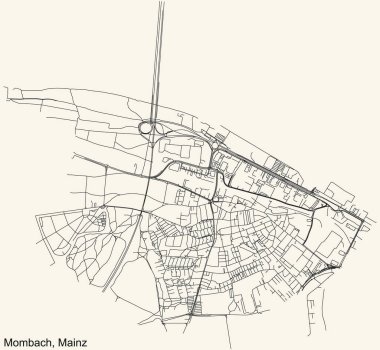 Alman bölgesel başkenti Mainz 'in MOMBACH DISTRICT şehir haritasının ayrıntılı navigasyon siyah çizgileri klasik bej arka planda