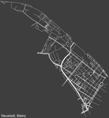 Almanya 'nın başkenti Mainz' in NEUSTADT DISTRICT 'inin koyu gri arka plan üzerindeki şehir caddeleri haritası