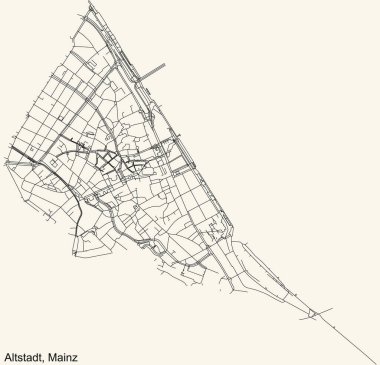 Alman bölgesel başkenti Mainz 'in ALTSTADT DISTRICT şehir haritasının ayrıntılı navigasyon siyah çizgileri klasik bej arka planda Almanya