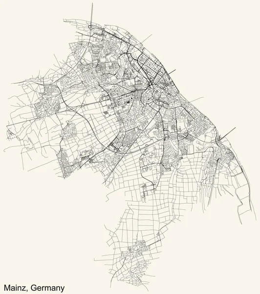 Alman bölgesel başkenti MAINZ, GERMANY 'nin klasik bej arka plan üzerindeki kentsel sokak haritasının ayrıntılı navigasyon siyah hatları