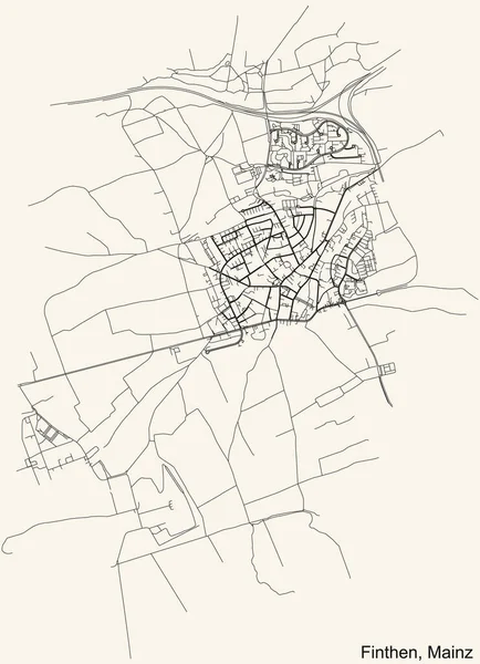 Navegação Detalhada Black Lines Urban Street Roads Mapa Finthen District — Vetor de Stock