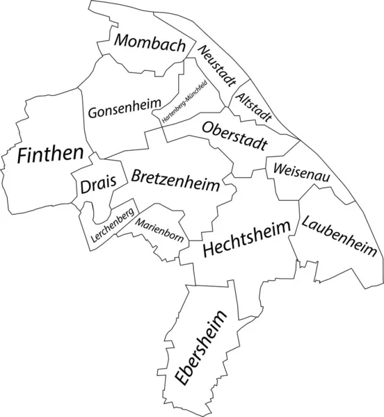 Mainz その地区の名前のタグと黒の境界線とドイツの白いフラットベクトル管理マップ — ストックベクタ