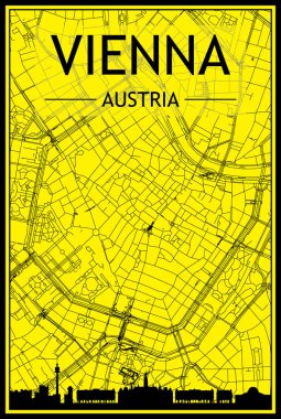 Sarı ve siyah arka planda panoramik silueti ve elde çizilmiş sokak ağıyla altın renkli şehir afişi, AUSTRIA