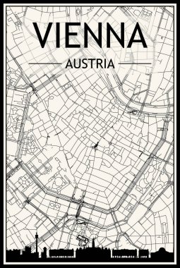 Panoramik silueti ve el çizimi sokak ağıyla şehir merkezindeki VİENNA 'nın klasik bej arka planı AUSTRIA