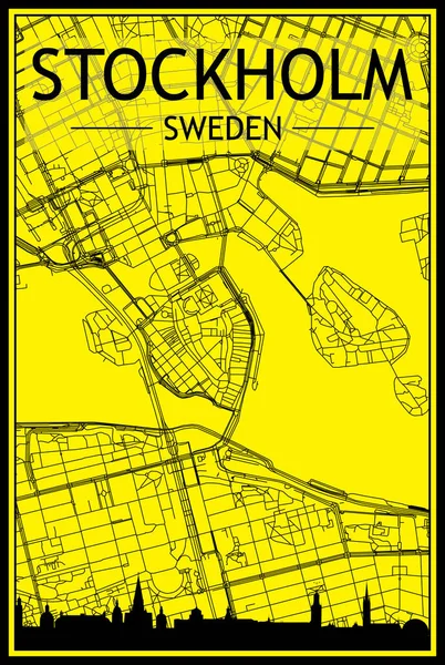 Şehir Merkezindeki Stockholm Sweden Sarı Siyah Arka Planında Panoramik Silueti — Stok Vektör