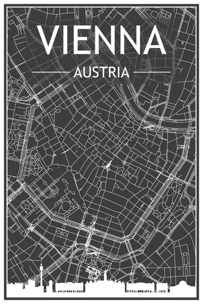 Sötét Kinyomtatott Városi Plakát Panorámás Városképpel Kézzel Rajzolt Utcahálózattal Sötét — Stock Vector