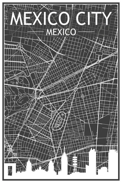 Темно Распечатанный Городской Плакат Панорамным Горизонтом Нарисованной Вручную Сетью Улиц — стоковый вектор