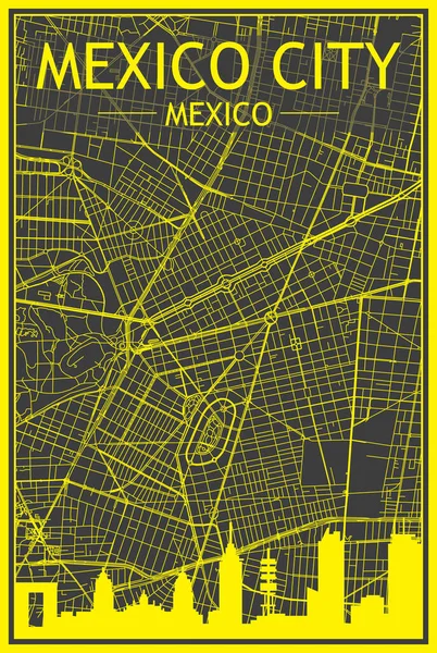Cartel Amarillo Ciudad Impresa Con Horizonte Panorámico Red Calles Dibujadas — Vector de stock