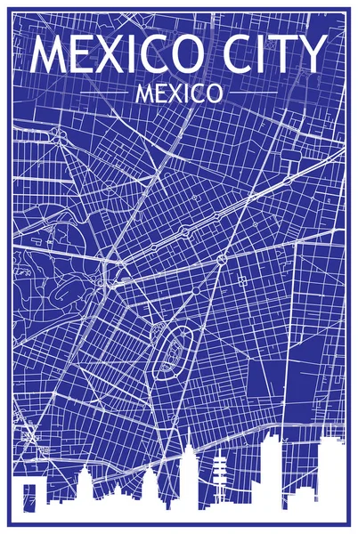 Technische Zeichnung Ausdruck Stadtplakat Mit Panoramischer Skyline Und Handgezeichnetem Straßennetz — Stockvektor