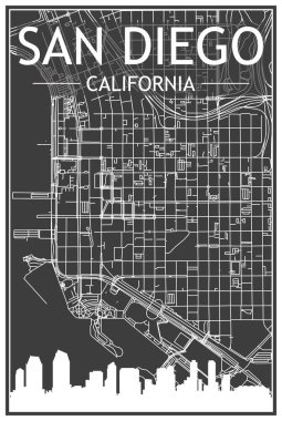 SAN DIEGO, CALIFORNIA şehir merkezinin koyu gri arka planında panoramik silueti ve elle çizilmiş sokak ağlı koyu renkli şehir afişi