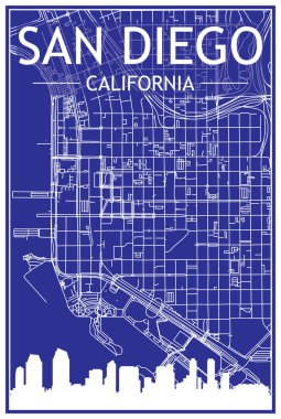 SAN DIEGO, CALIFORNIA 'nın mavi arka planında panoramik siluet ve el çizimi sokak ağı olan şehir posterinin teknik çıktısı.