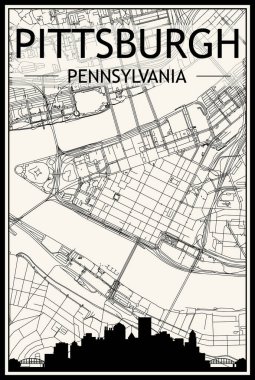 Panoramik siluet çizgisi ve el çizimi sokak ağıyla birlikte açık renkli şehir posteri, şehir merkezinin klasik bej arka planı, PENNSYLVANIA