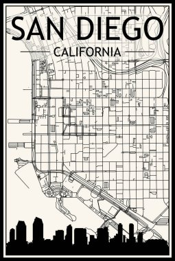Şehir merkezindeki SAN DIEGO, CALIFORNIA 'nın klasik bej arka planında panoramik silueti ve elle çizilmiş sokak ağına sahip açık renkli şehir posteri