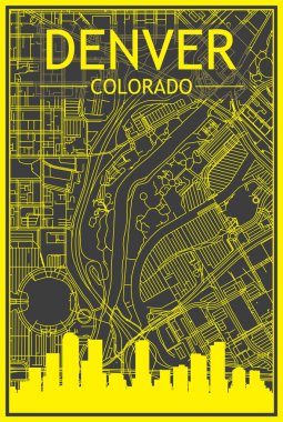 DENVER, COLORADO şehir merkezinin koyu gri arka planında panoramik silueti ve elle çizilmiş sokak ağıyla sarı baskı şehir posteri