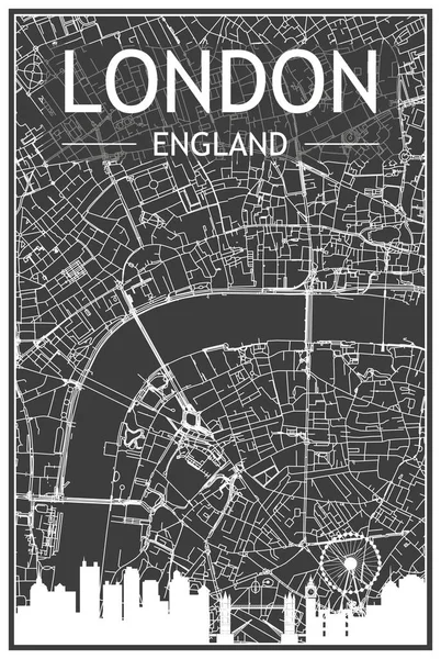 Темный Распечатанный Городской Плакат Панорамным Горизонтом Нарисованной Руки Сетью Улиц — стоковый вектор