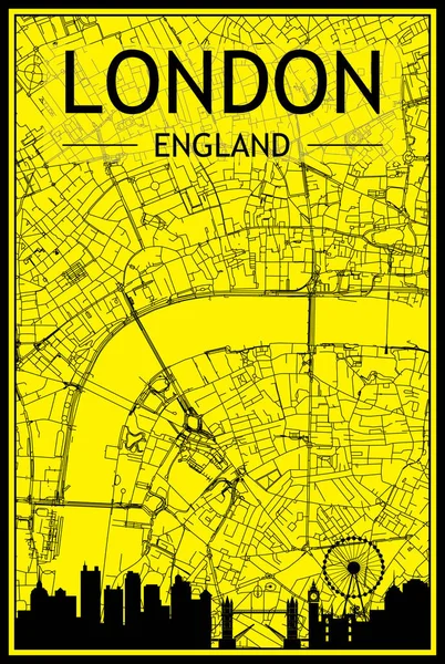 伦敦市中心黄黑相间的金色城市海报 全景天际线和手绘街道网络 — 图库矢量图片