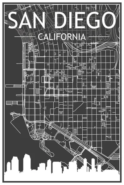 SAN DIEGO, CALIFORNIA şehir merkezinin koyu gri arka planında panoramik silueti ve elle çizilmiş sokak ağlı koyu renkli şehir afişi
