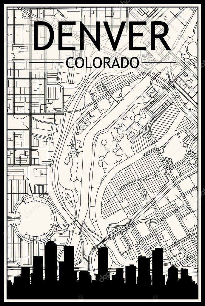 Light printout city poster with panoramic skyline and hand-drawn streets network on vintage beige background of the downtown DENVER, COLORADO