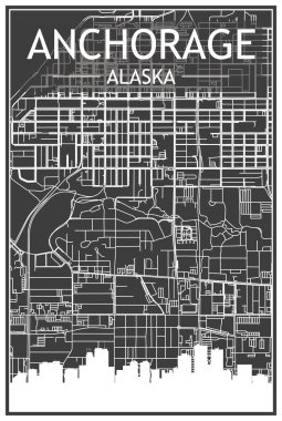 Panoramik silueti ve el çizimi sokak ağı olan koyu renkli şehir afişi ANCHORAGE, ALASKA