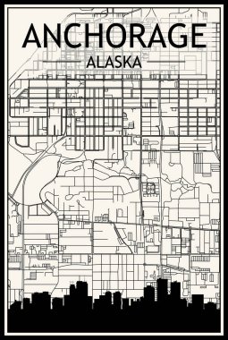 Panoramik silueti ve el çizimi sokak ağıyla birlikte şehrin klasik bej arka planı ALASKA