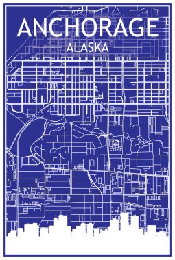 ANCHORAGE, ALASKA 'nın mavi arka planında panoramik siluet ve elle çizilmiş sokak ağıyla teknik şehir afişi.