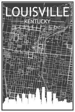 LOUISVILLE, KENTUCKY şehir merkezinin koyu gri arka planında panoramik silueti ve elle çizilmiş sokak ağı olan koyu renkli şehir posteri
