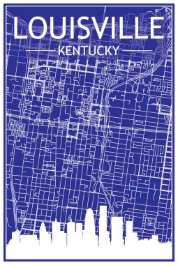 LOUISVILLE, KENTUCKY şehir merkezinin mavi arka planında panoramik siluet ve elle çizilmiş sokak ağıyla teknik şehir afişi.