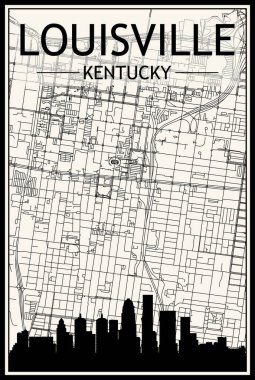 LOUISVILLE, KENTUCKY şehir merkezinin klasik bej arka planında panoramik silueti ve elle çizilmiş sokak ağıyla hafif yazdırılmış şehir posteri