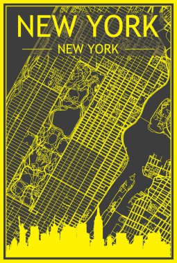 Sarı renkli şehir posteri panoramik silueti ve el çizimi sokak ağı ile New York şehir merkezinin koyu gri arka planı, New York, New York