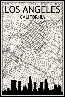 Şehir merkezindeki LOS ANGELES, CALIFORNIA 'nın klasik bej arka planında panoramik silueti ve elle çizilmiş sokak ağı olan hafif yazdırılmış şehir posteri