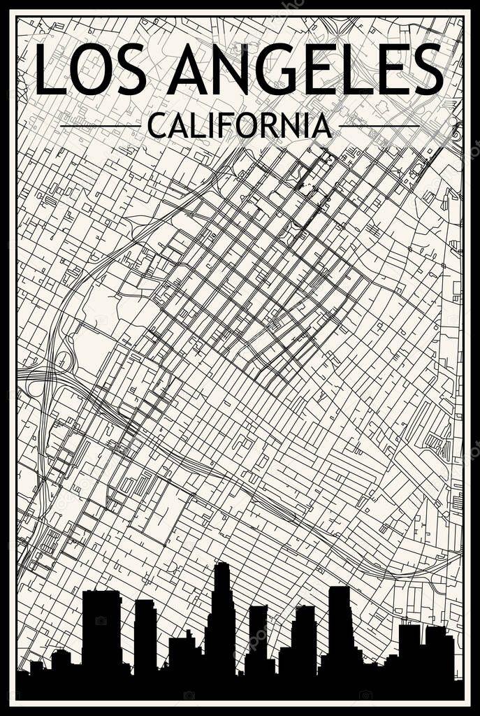 Light printout city poster with panoramic skyline and hand-drawn streets network on vintage beige background of the downtown LOS ANGELES, CALIFORNIA