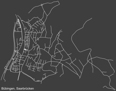 Alman bölgesel başkenti Saarbrucken, Almanya 'nın BBINGEN DISTRICT kentsel yol haritasının ayrıntılı olumsuz seyrüsefer beyaz çizgileri koyu gri arka planda