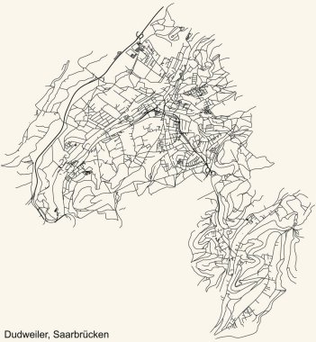 Alman bölgesel başkenti Saarbrucken 'in DUDweILER BOROUGH, Almanya' nın klasik bej arka plan haritasının ayrıntılı navigasyon siyah hatları