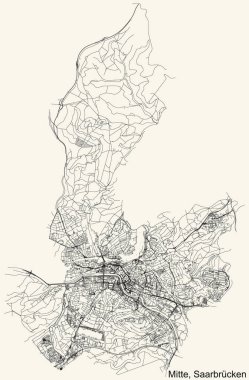 Alman bölgesel başkenti Saarbrucken 'in MITTE BOROUGH, Almanya' nın klasik bej arkaplan üzerindeki kentsel sokak haritasının ayrıntılı navigasyon siyah hatları