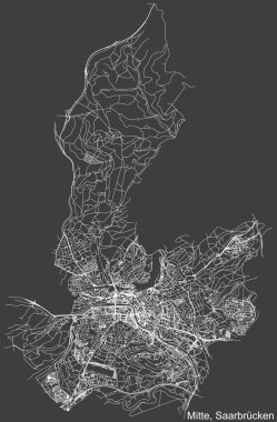 Alman bölgesel başkenti Saarbrucken 'in MITTE BOROUGH, Almanya' nın koyu gri arka planında yer alan şehir caddelerinin detaylı haritası