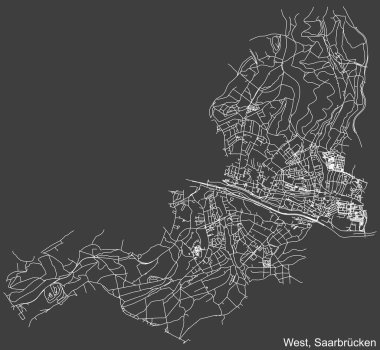 Alman bölgesel başkenti Saarbrucken, Almanya 'nın Batı Yakası' nın koyu gri arkaplan üzerinde yer alan şehir caddelerinin detaylı haritası.