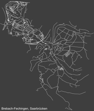 Alman bölgesel başkenti Saarbrucken 'in BREBACH-FECHINGEN BREBACH-FECHINGEN haritasının ayrıntılı olumsuz seyrüsefer beyaz çizgileri koyu gri arka planda Almanya
