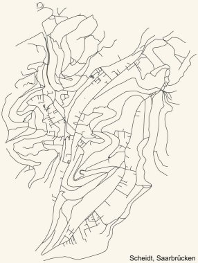 Alman bölgesel başkenti Saarbrucken, Almanya 'nın klasik bej arka planında yer alan SCHEIDT DISTRICT şehir haritasının ayrıntılı navigasyon siyah hatları