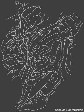 Alman bölgesel başkenti Saarbrucken, Almanya 'nın SCHEIDT DISTRICT' in koyu gri arkaplan üzerine kurulu şehir caddelerinin ayrıntılı haritası